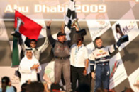 <p>GP OF ABU DHABI-051209-The podium for the UIM F1 Powerboat Grand Prix of Abu Dhabi , December 4-5, 2009, on the Corniche breakwater, Abu Dhabi. From left to right, HH Sheik Dr Sultan bin Khalifa bin Zayed Al Nahyan, Al Hameli Ahmed of UAE, 2nd, Jay Price of USA , 1st, and Phlippe Chiappe of France, 3rd. Picture by Paul Lakatos/Idea Marketing.</p>